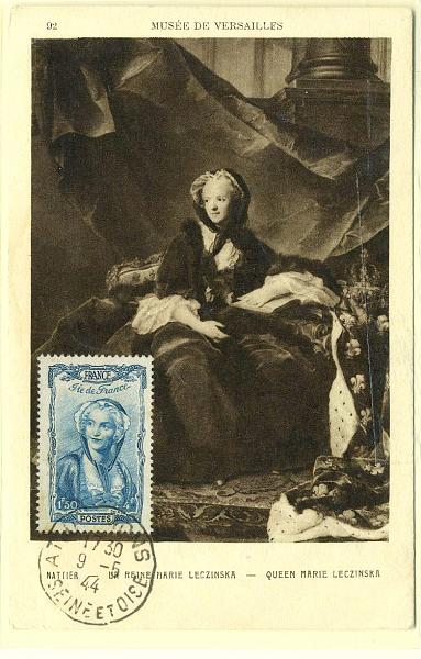 22Lis_0597.jpg -     Lote:    597            Estrangeiro       Descrição:      França.   Toucas Regionais. Postal ilustrado da Rainha Maria Leczinska, com selo de 1,50Fr, concordantes, com carimbo ordinário de Seine- et-Oise (09.05.44).        PM       Valor Base:     &euro; 20,00     Valor Venda:     Retirado     