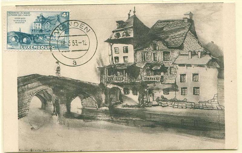 22Lis_0605.jpg -     Lote:    605            Estrangeiro       Descrição:      Luxemburgo.   1953 &mdash; Casa de Victor Hugo em Vianden. Postal ilustrado do tema com selo de 4F, obliterados com carimbo do VIANDEN (18.05.1953).        PM       Valor Base:     &euro; 10,00     Valor Venda:     Retirado     