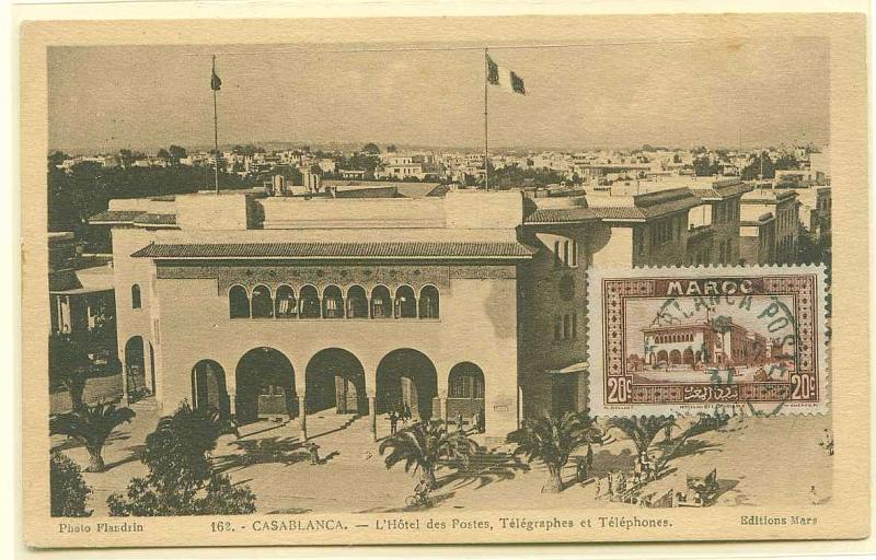 22Lis_0610.jpg -     Lote:    610            Estrangeiro       Descrição:      Marrocos.   1937 &mdash; Hotel dos Correios Telégrafos e Telefones em Casablanca. Postal ilustrado com selo de 20c, obliterados em Casablanca (14.12.37).        PM       Valor Base:     &euro; 15,00     Valor Venda:     Retirado     