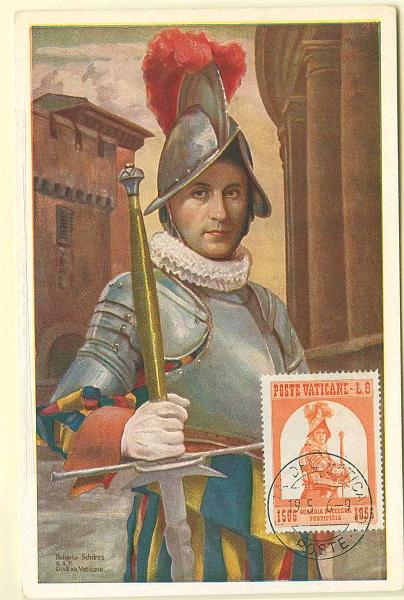 22Lis_0616.jpg -     Lote:    616            Estrangeiro       Descrição:      Vaticano.   1956 &mdash; Guarda Suiça Pontifica. Postal ilustrado com selo de 6 liras, obliterados com carimbo do Vaticano (19.05.56).        PM       Valor Base:     &euro; 10,00     Valor Venda:     &euro; 10,00     