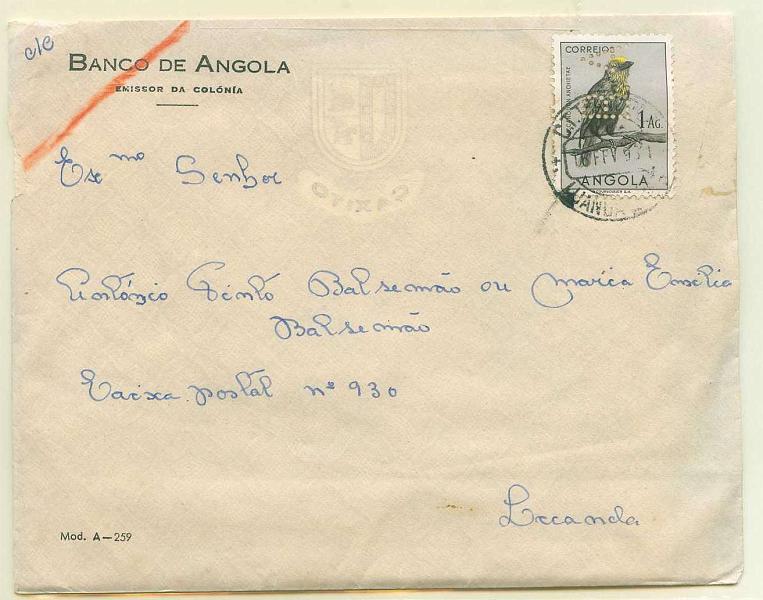 22Lis_0702.jpg -     Lote:    702                   Descrição:         Sobrescrito circulado em Luanda (16.02.1951) com selo de 1Ag, perfurado com B. A. (Banco de Angola).        Carta       Valor Base:     &euro; 5,00     Valor Venda:     &euro; 22,00     