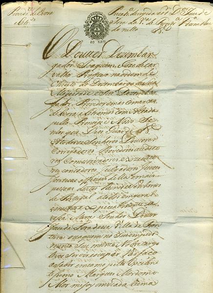 22Lis_0705.jpg -     Lote:    705                   Descrição:         1799 &mdash; Processo com folhas de papel selados. Carta precatória escrita no Palácio de Queluz (26.09.1799) por ordem do Marquês e Provedor da Comarca de Évora, Dr. Joaquim José de Carvalho, dirigido ao Juiz de Fora da Vila de Fronteira.        DOC       Valor Base:     &euro; 10,00     Valor Venda:     Retirado     