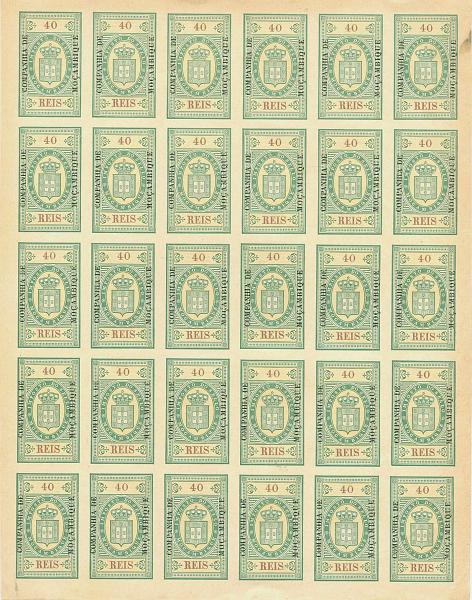 22Lis_0709.jpg -     Lote:    709                   Descrição:         1892 &mdash; Estampilhas de Moçambique com sobrecarga Companhia de Moçambique. Folha completa de 30 estampilhas não denteadas de 40 reis verde, PB4. Valor de catálogo &euro; 75$00.        *       Valor Base:     &euro; 10,00     Valor Venda:     Retirado     