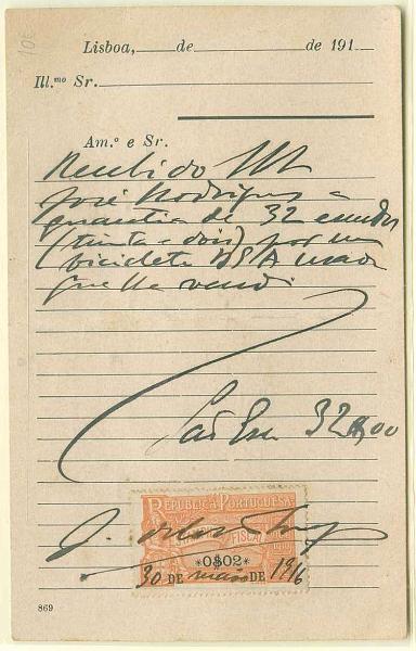 22Lis_0711.jpg -     Lote:    711                   Descrição:         1915 &mdash; Legenda República Portuguesa. Postal ilustrado a servir de recibo, com estampilha fiscal de $02 laranja CE837, datado de 30.05.1916.        PI       Valor Base:     &euro; 3,00     Valor Venda:     Retirado     