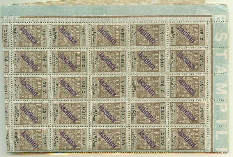 22Lis_0722.jpg -     Lote:    722                   Descrição:         1946 &mdash; Escudo Nacional. Estampilhas do Imposto de Selo com sobrecarga ASSISTÊNCIA a violeta. PB53, $10 castanho. Folha completa de 100 selos. Valor de catálogo &euro; 100,00.        **       Valor Base:     &euro; 20,00     Valor Venda:     Retirado     