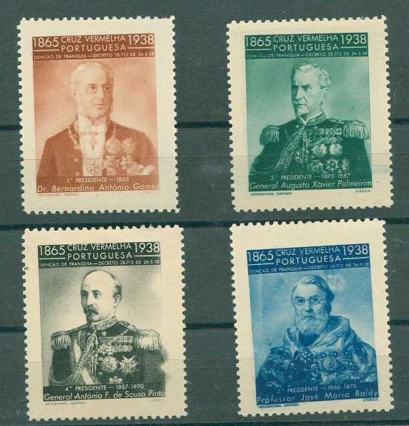 22Lis_0732.jpg -     Lote:    732                   Descrição:         1939 &mdash; Cruz Vermelha Portuguesa. Presidentes da Cruz Vermelha Portuguesa. Eládio Santos 105/108. Série completa.        **       Valor Base:     &euro; 5,00     Valor Venda:     &euro; 8,00     