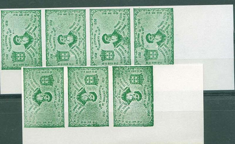 22Lis_0738.jpg -     Lote:    738                   Descrição:         4.º Centenário do Descobrimento do Caminho Marítimo para a Índia. Lote duas tiras verticais de 3 e 4 vinhetas em verde, não denteadas. MB e R.        *       Valor Base:     &euro; 7,00     Valor Venda:     Retirado     