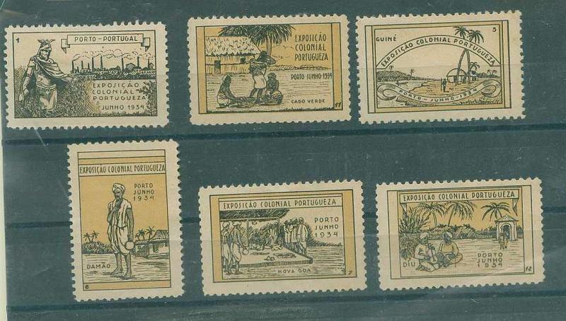 22Lis_0740.jpg -     Lote:    740                   Descrição:         1934 &mdash; Exposição Colonial Portuguesa * Porto, Junho de 1934. Lote de 6 vinhetas todas diferentes. MB.        *       Valor Base:     &euro; 6,00     Valor Venda:     &euro; 8,00     