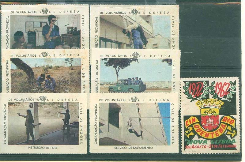 22Lis_0748.jpg -     Lote:    748                   Descrição:         Angola. Lote de 6 vinhetas da Organização Provincial de Voluntários e Defesa Civil de Angola + vinheta comemorativa do Cinquentenário de Nova Lisboa.        Lote       Valor Base:     &euro; 4,00     Valor Venda:     &euro; 8,00     