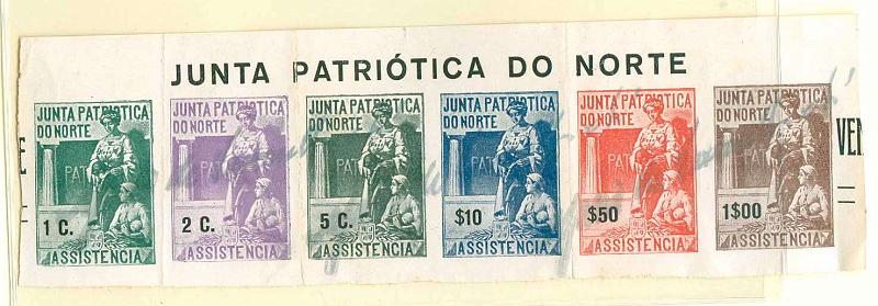 22Lis_0751.jpg -     Lote:    751                   Descrição:         1919 &mdash; Junta Patriótica do Norte. Fragmento da pagela com impressão dos selos de 1c verde, 2c violeta, 5 verde oliva, $10 azul, $50 laranja-vermelho e 1$00 castanho.        FRG       Valor Base:     &euro; 5,00     Valor Venda:     Retirado     