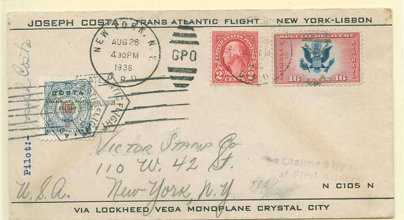 22Lis_0757.jpg -     Lote:    757                   Descrição:         1936 &mdash; Voo Transatlântico Nova York &mdash; Lisboa (via Brasil) de Joseph Costa (AAMC 1263). Sobrescrito assinado pelo piloto Joseph Costa, com selo privativo da Sociedade de Geografia de Lisboa com sobrecarga alusiva ao voo. Voo realizado até ao Brasil onde foi abandonado o avião. MB e R.        Aéreo       Valor Base:     &euro; 200,00     Valor Venda:     &euro; 400,00     