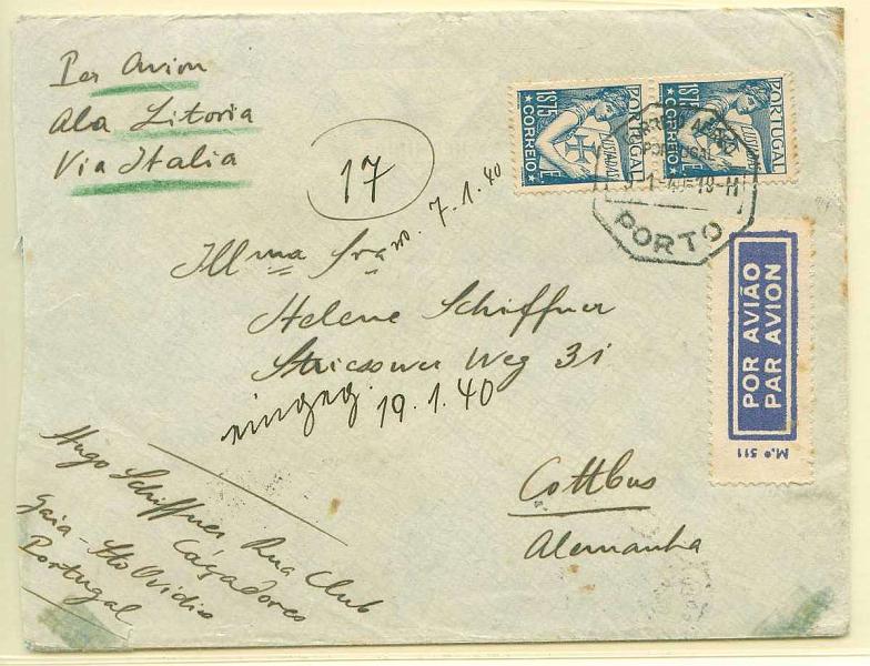 22Lis_0759.jpg -     Lote:    759                   Descrição:         1940 &mdash; Ala Littoria &mdash; Via Itália. Sobrescrito circulado por via aérea do Porto (09.01.40) para a Alemanha, por Lisboa (10.01.40) para a Alemanha com dois selos tipo Lusíadas de 1$75, onde foi censurada. Ligação aérea pela Ala Littoria, via Itália.        Aéreo       Valor Base:     &euro; 15,00     Valor Venda:     &euro; 18,00     