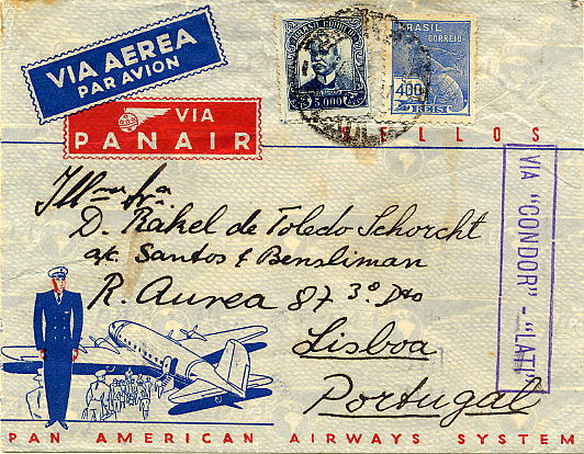 22Lis_0762.jpg -     Lote:    762                   Descrição:         1941 &mdash; Via Lati * Condor. Sobrescrito circulado por via aérea de S. Paulo, para Lisboa (19.04.41). Carimbo a violeta " VIA "CONDOR &mdash; " LATI".        Aéreo       Valor Base:     &euro; 5,00     Valor Venda:     &euro; 20,00     