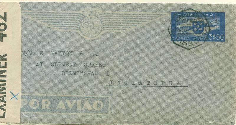 22Lis_0763.jpg -     Lote:    763                   Descrição:         1939 &mdash; Tipo Hélice. Sobrescritos de correio aéreo. OM1, 3$50 azul sobre papel fino, envergadura das asas 107mm e rectângulo inferior 68x13mm, circulado de Lisboa (26.08.40) para Inglaterra, onde foi censurado.        Aéreo       Valor Base:     &euro; 4,00     Valor Venda:     Retirado     