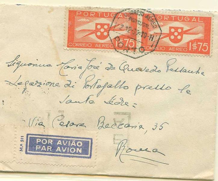 22Lis_0764.jpg -     Lote:    764                   Descrição:         1939-12-23 Carta de Portugal para Itália 2 dias depois do 1º voo da LATI para Roma via Sevilha Barcelona. Porte 3$50, correcto para a Europa. Carimbos de chegada a Lisboa 23/Dez/1939 e a Roma 25/XII/39.        Aéreo       Valor Base:     &euro; 20,00     Valor Venda:     &euro; 20,00     