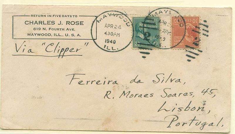 22Lis_0769.jpg -     Lote:    769                   Descrição:         1940 &mdash; EUA / Lisboa, pelo Clipper. Sobrescrito circulado de Maywod (24.04.1940) para Lisboa (29.04.40), com selos de 10 e 20c.        Aéreo       Valor Base:     &euro; 5,00     Valor Venda:     Retirado     
