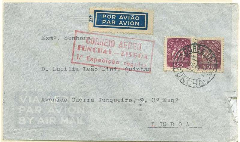 22Lis_0771.jpg -     Lote:    771                   Descrição:         1949 &mdash; Correio Aéreo. Funchal-Lisboa. 1.ª Expedição regular. Sobrescrito circulado por via aérea, com selos tipo Caravela de $50 e 1$00, do Funchal (12.06.49) para Lisboa (14.06.49), com carimbo comemorativo batido a vermelho.        Aéreo       Valor Base:     &euro; 5,00     Valor Venda:     &euro; 22,00     