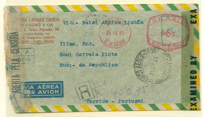 22Lis_0773.jpg -     Lote:    773                   Descrição:         1945 &mdash; Brasil / Portugal via Natal pela Deustsch Lufthansa. Sobrescrito circulado do Belém (26.04.1945) para Verride (02.06.45) com trânsito por Lisboa (01.06.45), censurada no Brasil e pela censura inglesa.        Aéreo       Valor Base:     &euro; 10,00     Valor Venda:     Retirado     