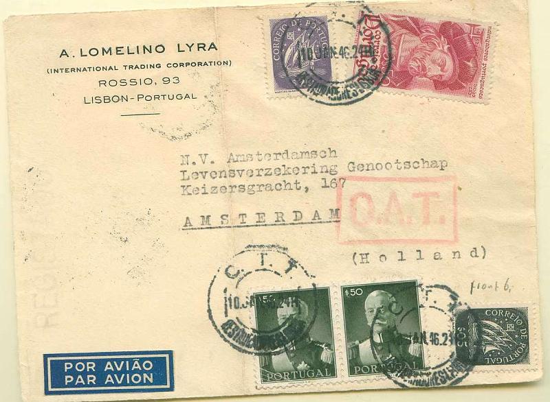 22Lis_0775.jpg -     Lote:    775                   Descrição:         O.A.T. &mdash; Frente de sobrescrito circulado por via aérea de Lisboa (10.01.46) para a Holanda com selos de $05 e $20 tipo Caravela, 2x$50 Presidente Carmona e Navegadores Portugueses de 3$50. Carimbo a vermelho "O.A.T." tipo XI. São raras as cartas com estas obliterações em 1946.        Aéreo       Valor Base:     &euro; 10,00     Valor Venda:     &euro; 28,00     