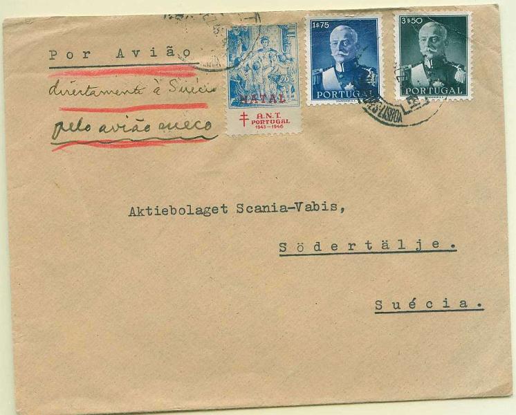 22Lis_0776.jpg -     Lote:    776                   Descrição:         1945 &mdash; Lisboa-Estocolmo via Toulouse &mdash; Paris &mdash; Amesterdão &mdash; Copenhaga pela companhia sueca ABA. Sobrescrito circulado de Lisboa para Estocolmo (12.12.45) com selos de 1$75 e 3$50 Presidente Carmona CE657 e 659 + vinheta da ANT. Indicação manuscrita "Directamente à Suécia / pelo avião sueco).        Aéreo       Valor Base:     &euro; 30,00     Valor Venda:     &euro; 30,00     