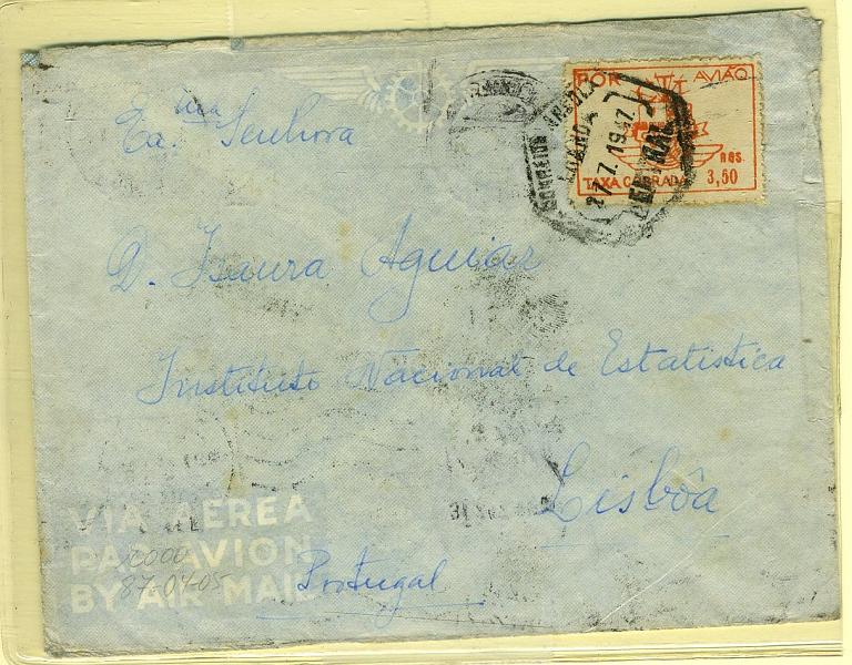 22Lis_0781.jpg -     Lote:    781                   Descrição:         1947 &mdash; Correio aéreo. Escudo de Angola. Sobrescrito circulado de Luanda (27.07.1947) para Lisboa (31.07.47) com selo de 3$50 laranja claro, CE CA13.        Aéreo       Valor Base:     &euro; 16,00     Valor Venda:     Retirado     