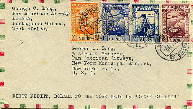 22Lis_0782.jpg -     Lote:    782                   Descrição:         1941 &mdash; 1.º Voo Bolama &mdash; Nova York, pelo Dixie Clipper. Sobrescrito circulado de Bolama (06.02.1941) para Nova York (09.02.1941) com selos de correio aéreo "Império Colonial Português" de $50, 1$00 e 2$00, CE CA3/5 para pagamento da sobretaxa de correio aéreo e selo do correio ordinário de 1$75 CE236.        Aéreo       Valor Base:     &euro; 25,00     Valor Venda:     Retirado     