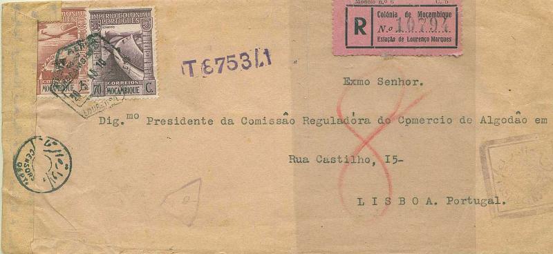 22Lis_0786.jpg -     Lote:    786                   Descrição:         1945 &mdash; Carta de Lourenço Marques para Lisboa com o melhor percurso do lote anterior, somente esta foi censurada pelos serviços ingleses sedeados na Cidade do Cairo. Carimbo do cursor aposto na cinta de fecho. Porte 5.70 Esc., relativo aos selos 1xCAE 7/ 5$00 e 1xCE 299/ 70 ctvs. Carimbo de chegada a Lisboa Central 12/4/1945.                          Aéreo       Valor Base:     &euro; 40,00     Valor Venda:     Retirado     