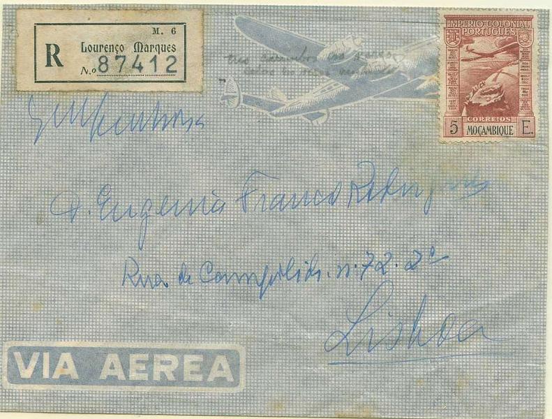 22Lis_0788.jpg -     Lote:    788                   Descrição:         1948 - Carta de Lourenço Marques para Lisboa com etiqueta de Registo M.6, e selo Império C. Português do C. Aéreo CE 7 DE 5$00 não obliterado. Carta voada pela TAP Linha Aérea Imperial.        Aéreo       Valor Base:     &euro; 5,00     Valor Venda:     Retirado     