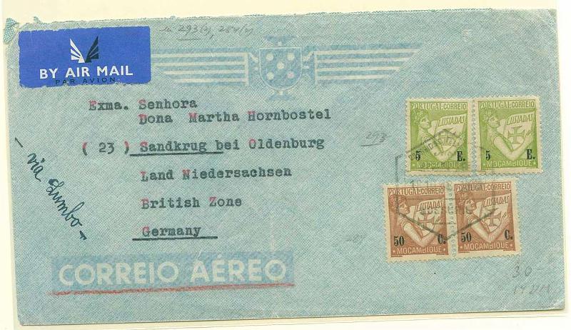 22Lis_0789.jpg -     Lote:    789                   Descrição:         1948 &mdash; Sobrescrito circulado por via aérea de Mossuril (18.10.1948) para a Alemanha, via Lumbo (19.10.1948) e Lourenço Marques (20.10.1948) com pares de selos de $50 e 5$00 tipo Lusíadas CE278 e 286.        Aéreo       Valor Base:     &euro; 10,00     Valor Venda:     Retirado     