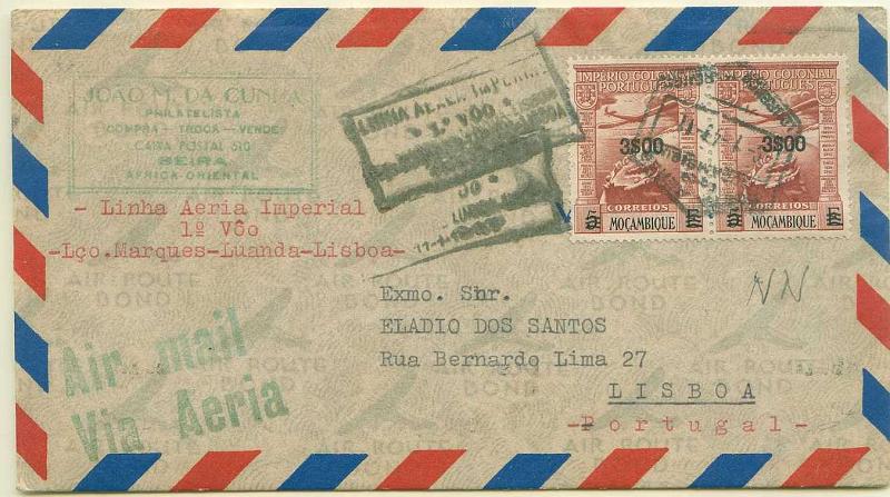22Lis_0791.jpg -     Lote:    791                   Descrição:         1947 - Carta de Moçambique transportada pela TAP no retorno a Lisboa, 1º VOO da Linha Aérea Imperial. Carimbo Comemorativo a preto mal batido Porte 6$00 com selos 2 x CE 10 3$00/5$00. Carimbo de chegada a Lisboa 17/1/47.         Aéreo       Valor Base:     &euro; 15,00     Valor Venda:     Retirado     