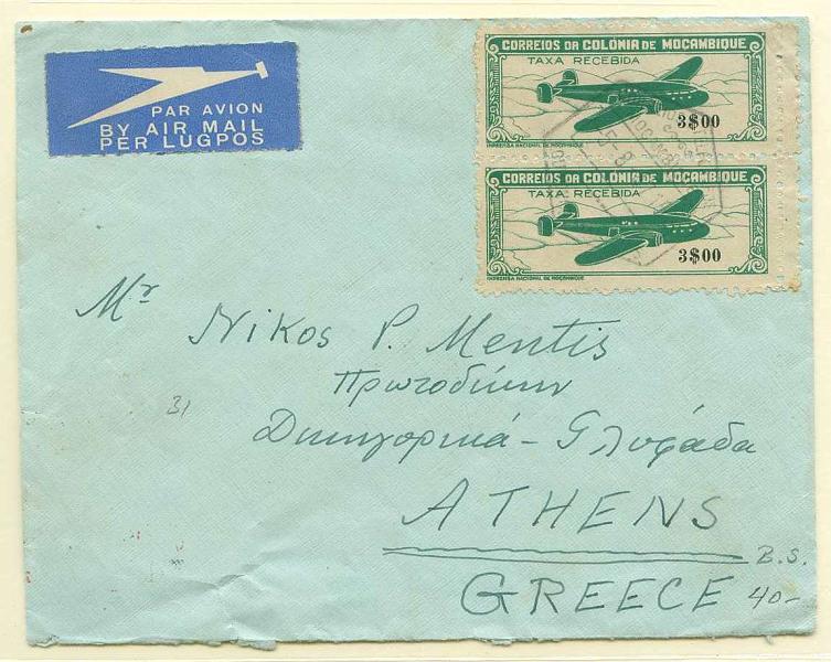 22Lis_0792.jpg -     Lote:    792                   Descrição:         1946 &mdash; Avião. Sobrescrito circulado por via aérea de Lourenço Marques (05.08.47) para a Grécia (11.08.47) com par vertical de 3$00 CE CA15. MB        Aéreo       Valor Base:     &euro; 15,00     Valor Venda:     &euro; 15,00     