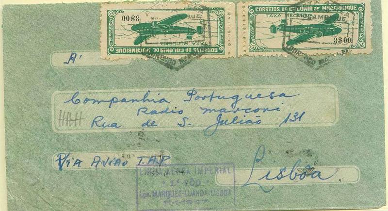 22Lis_0794.jpg -     Lote:    794                   Descrição:         1947 - Carta de Moçambique para Lisboa, transportada pela TAP no voo de retorno a Lisboa, 1º VOO da Linha Aérea Imperial. Carimbo comemorativo a violeta. Porte 6$00 com selos de correio aéreo "AVIÃO" 2XCE 15/3$00. Carimbo de chegada a Lisboa 12/1/1947.        Aéreo       Valor Base:     &euro; 15,00     Valor Venda:     &euro; 15,00     