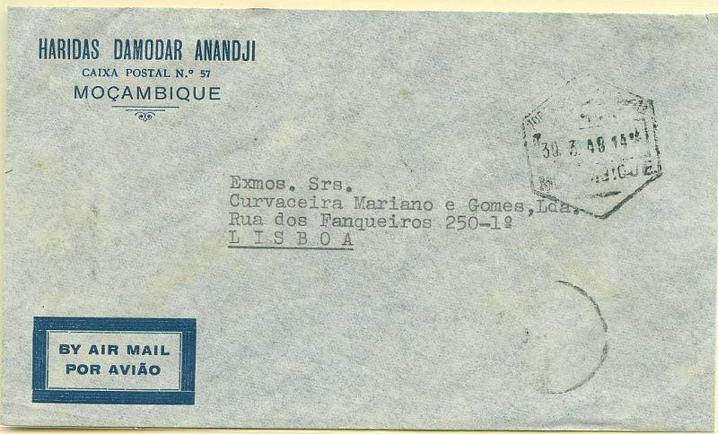22Lis_0795.jpg -     Lote:    795                   Descrição:         1948 - Carta de Moçambique para Lisboa transportada durante a duração da Linha Aérea Imperial da TAP. Porte 4$50 com selo com selo tipo "AVIÃO" com legenda " TAXE PERCUE" CE 19, 4$50. Carimbo de Chegada a Lisboa 9/4/1948.        Aéreo       Valor Base:     &euro; 30,00     Valor Venda:     Retirado     