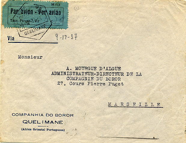 22Lis_0800.jpg -     Lote:    800                   Descrição:         1936 &mdash; Sobretaxa do Correio Aéreo. Legenda "Taxe Perçue". Sobrescrito circulado de Quelimane (09.12.37) para Marselha (17.12.37), com etiqueta mod 13 CE SCA5, com sobretaxa de correio aéreo de 4$70 manuscrita.        Aéreo       Valor Base:     &euro; 20,00     Valor Venda:     Retirado     