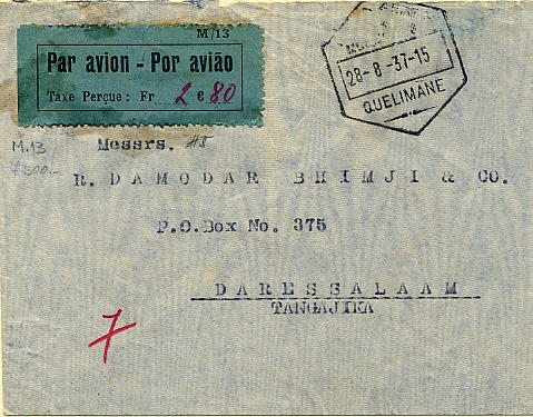 22Lis_0801.jpg -     Lote:    801                   Descrição:         1936 &mdash; Sobretaxa do Correio Aéreo. Legenda "Taxe Perçue". Sobrescrito circulado de Quelimane (28.08.37) para Daressalaam, com etiqueta mod 13 CE SCA6, com sobretaxa de correio aéreo de 2$80 manuscrita a vermelho.        Aéreo       Valor Base:     &euro; 20,00     Valor Venda:     Retirado     