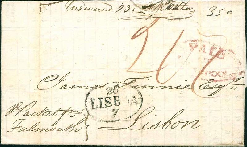 22Lis_0810.jpg -     Lote:    810                   Descrição:         Correio do estrangeiro. 1826 - Carta via marítima de Birmingham para Lisboa via Falmouth. Carimbo Oval de Lisboa 26/7. Porte Manuscrito 350 reis.         Carta       Valor Base:     &euro; 15,00     Valor Venda:     &euro; 15,00     