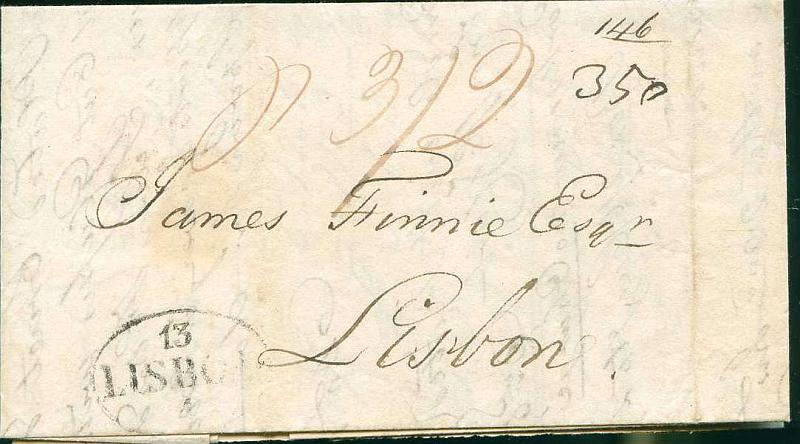 22Lis_0811.jpg -     Lote:    811                   Descrição:         Correio do estrangeiro. 1826 - Carta via marítima de Birmingham para Lisboa via Falmouth. Carimbo Oval de Lisboa 13. Porte manuscrito 350 reis.        Carta       Valor Base:     &euro; 15,00     Valor Venda:     Retirado     