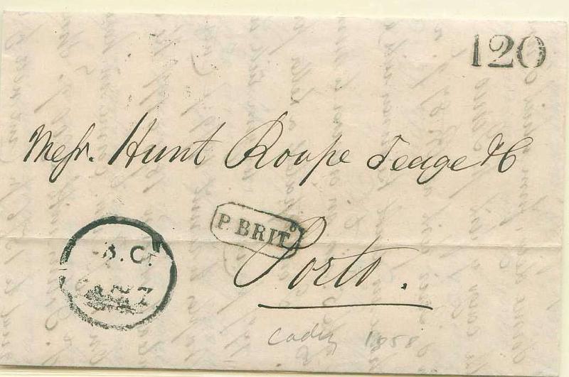 22Lis_0812.jpg -     Lote:    812                   Descrição:         Carta remetida de Cadiz (15.09.1858) para o Porto (20.09.1858) com o porte de 120 reis batido a preto. Marca do P. BRIT.º batido a preto.        Carta       Valor Base:     &euro; 20,00     Valor Venda:     Retirado     