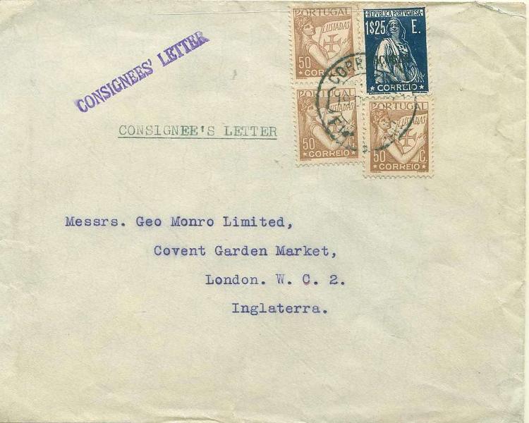 22Lis_0818.jpg -     Lote:    818                   Descrição:         Cartas consignadas. Sobrescrito circulado do Funchal para Inglaterra, com 3 selos de $50 tipo Lusíadas e 1$25 Ceres, azul escuro. Carimbo batido a violeta "CONSIGNEES' LETTER". B e R.        Carta       Valor Base:     &euro; 20,00     Valor Venda:     &euro; 20,00     