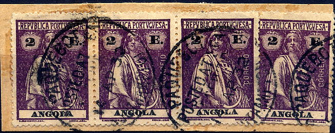 22Lis_0827.jpg -     Lote:    827                   Descrição:         Marcas de denominação de origem. 1921/22 &mdash; Ceres. Fragmento com tira de 4 selos de 2$00 violeta vermelho, obliterado com carimbo circular batido a preto "PAGUEBOT / POSTED AT SEA / RECEIVED / 14 APR 32 / SOUTHAMPTON".         FRG       Valor Base:     &euro; 15,00     Valor Venda:     &euro; 18,00     