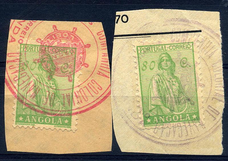 22Lis_0832.jpg -     Lote:    832                   Descrição:         Carimbos de paquetes. Lote de dois fragmentos com selos Ceres filigranado de 80c verde-esmeralda, obliterados com carimbos batidos a vermelho e violeta do PAQUETE LOANDA.        FRG       Valor Base:     &euro; 8,00     Valor Venda:     &euro; 26,00     