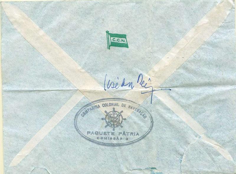 22Lis_0838.jpg -     Lote:    838                   Descrição:         Marcas de paquetes portugueses. Sobrescrito circulado de Lourenço Marques (18.08.65) para Lisboa, com selos de $15, $35, 1$00 e 2$50 da emissão Barcos Portugueses. No verso carimbo batido a preto "COMPANHIA COLONIAL DE NAVEGAÇÃO / PAQUETE PÁTRIA / COMISSÁRIO".        Carta       Valor Base:     &euro; 20,00     Valor Venda:     &euro; 20,00     