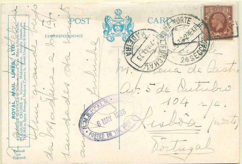 22Lis_0839.jpg -     Lote:    839                   Descrição:         Lote de 3 postais ilustrados, lançados a bordo de paquetes, com carimbos de denominação de origem "PAQUEBOT", carimbos dos paquetes: ALMANZORA, SAVOR e carimbo de Aden "SEAPOST OFFICE". Lote a ver.        PI       Valor Base:     &euro; 10,00     Valor Venda:     Retirado     