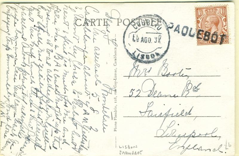 22Lis_0840.jpg -     Lote:    840                   Descrição:         Marcas de denominação de origem. Postal ilustrado lançado em caixa de correio a bordo de paquete inglês, com selo de 1 &frac12; p castanho, obliterado por carimbo linear batido a preto PAQUEBOT e marca de dia de Lisboa (09.08.32).        PI       Valor Base:     &euro; 10,00     Valor Venda:     Retirado     