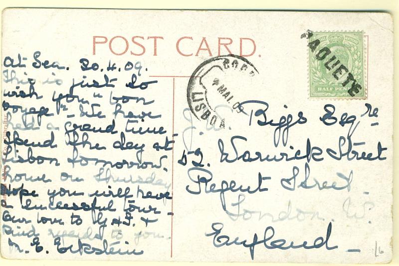 22Lis_0841.jpg -     Lote:    841                   Descrição:         Marcas de denominação de origem. Postal ilustrado lançado em caixa de correio a bordo de paquete inglês, com selo de &frac12; p verde, obliterado por carimbo linear batido a preto PAQUETE e marca de dia de Lisboa (01.05.09).        PI       Valor Base:     &euro; 10,00     Valor Venda:     Retirado     