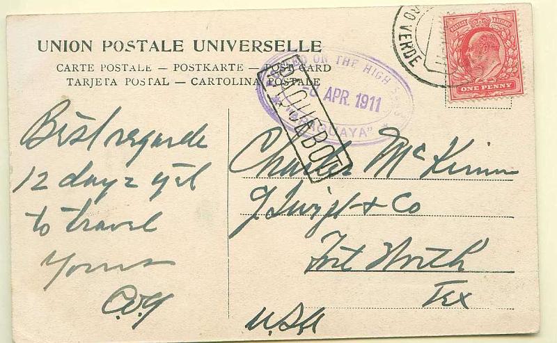 22Lis_0846.jpg -     Lote:    846                   Descrição:         Carimbos de denominação de origem. Postal ilustrado lançado a bordo do Paquete "Araguaya" (08.04.1911 - carimbo violeta) com destino ao EUA, selo inglês de 1p, obliterado em de S. Vicente e carimbo PAQUEBOT também de S. Vicente, batido a preto.        PI       Valor Base:     &euro; 15,00     Valor Venda:     Retirado     
