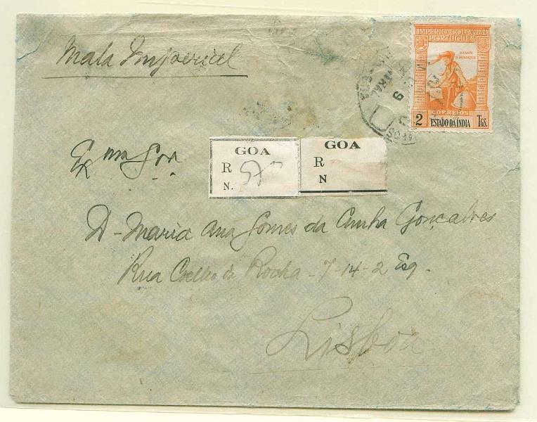 22Lis_0847.jpg -     Lote:    847                   Descrição:         1938 &mdash; Império Colonial Português. Sobrescrito circulado registado de Goa, para Lisboa (02.04.49) pela MALA IMPERIAL (manuscrito a preto), com selo de 2 Tgs CE355.        Carta       Valor Base:     &euro; 18,00     Valor Venda:     Retirado     