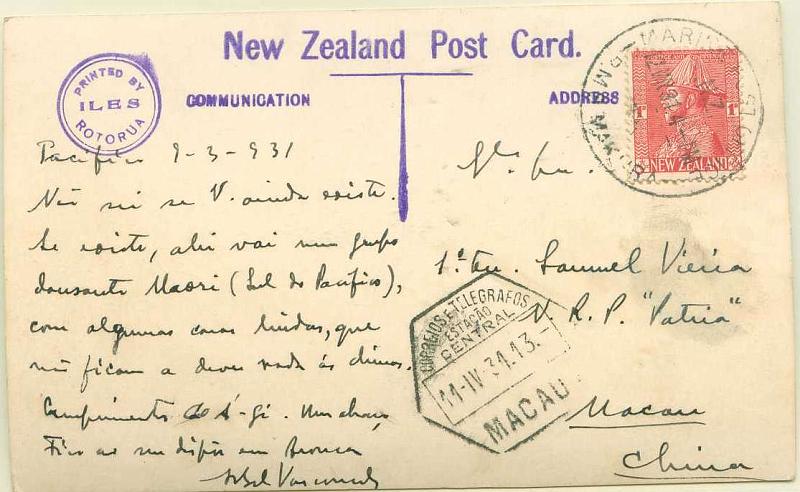 22Lis_0849.jpg -     Lote:    849                   Descrição:         Correio marítimo * Macau &mdash; Postal ilustrado circulado de bordo do paquete MAKURA (12.03.31), com selo da Nova Zelândia, remetido por passageiro português para Macau (11.04.34).        PI       Valor Base:     &euro; 10,00     Valor Venda:     Retirado     