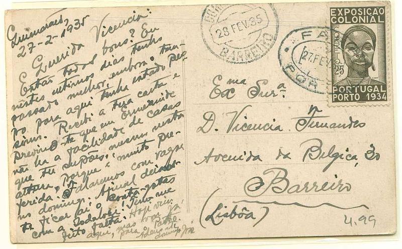 22Lis_0858.jpg -     Lote:    858                   Descrição:         Postal ilustrado circulado de Guimarães (27.02.1935) para o Barreiro (28.02.35) com selo de $25 Exposição Colonial. Carimbo da ambulância ferroviária FAFE-PORTO, batido a preto.        PI       Valor Base:     &euro; 10,00     Valor Venda:     &euro; 12,00     