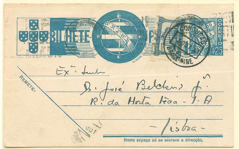 22Lis_0860.jpg -     Lote:    860                   Descrição:         1936/39 &mdash; Tudo pela Nação. OM83, $25 azul cinzento, circulado para Lisboa (04.10.41) com selo adicional de $05 azul, Templo de Diana. Carimbo "CONDUÇÃO / -3 OUT 41/ BRAGA-NINE", batido a preto.        IC       Valor Base:     &euro; 10,00     Valor Venda:     &euro; 12,00     